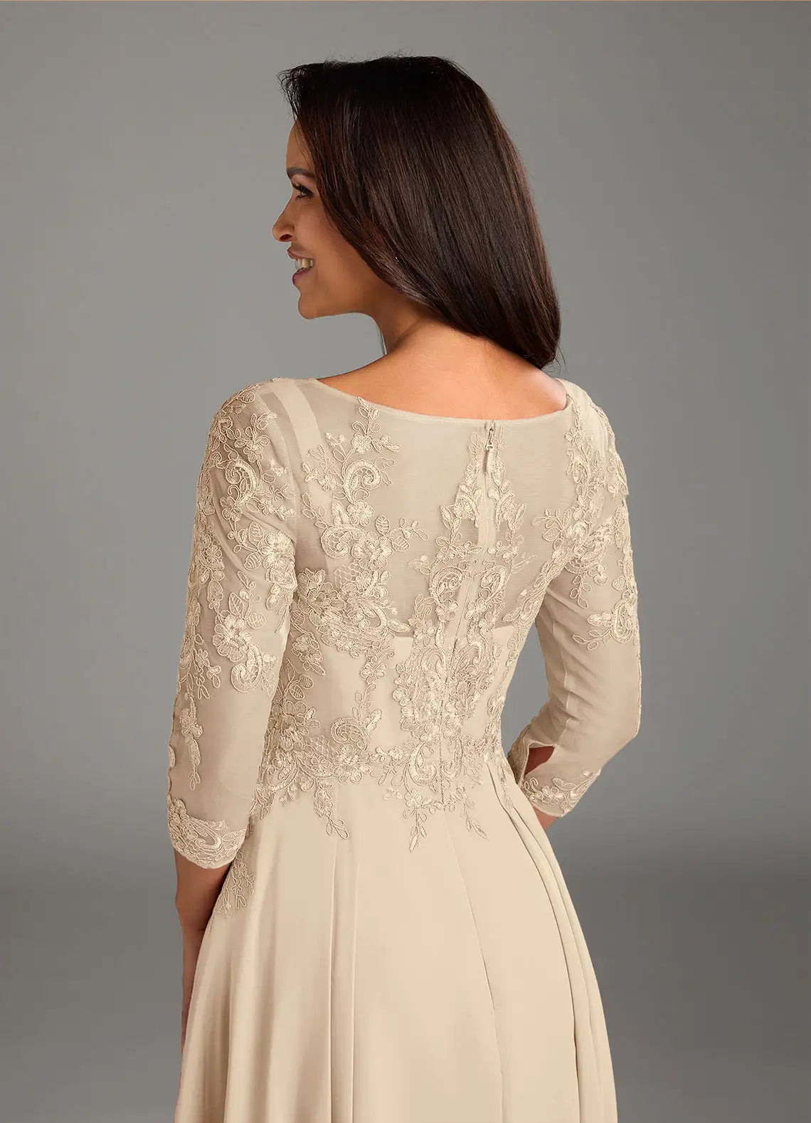 Elegant A-Line Scoop Neck Lace Chiffon Midi Embroidery Mother of the Bride Dress