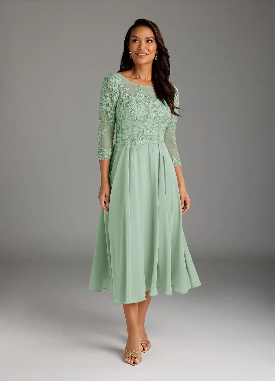 Elegant A-Line Scoop Neck Lace Chiffon Midi Embroidery Mother of the Bride Dress