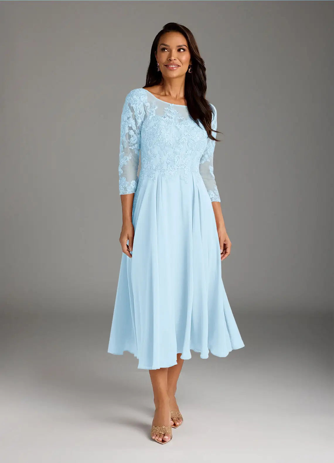 Elegant A-Line Scoop Neck Lace Chiffon Midi Embroidery Mother of the Bride Dress