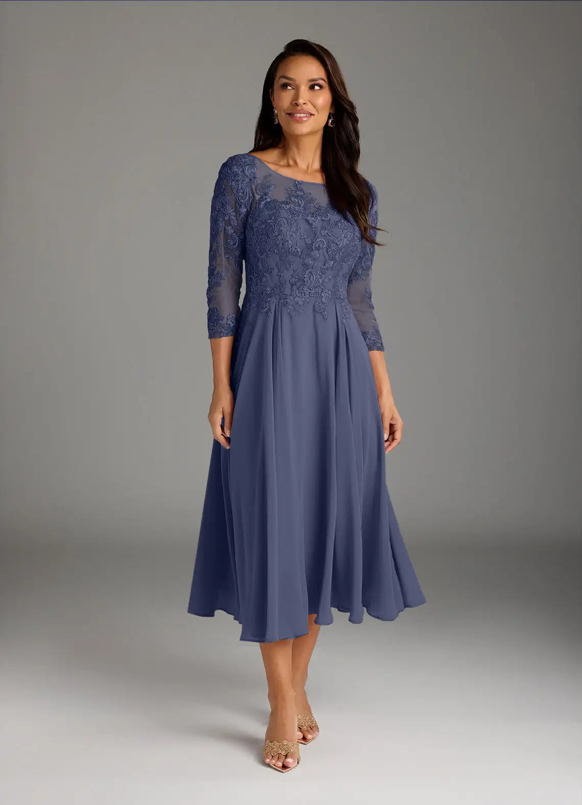 Elegant A-Line Scoop Neck Lace Chiffon Midi Embroidery Mother of the Bride Dress