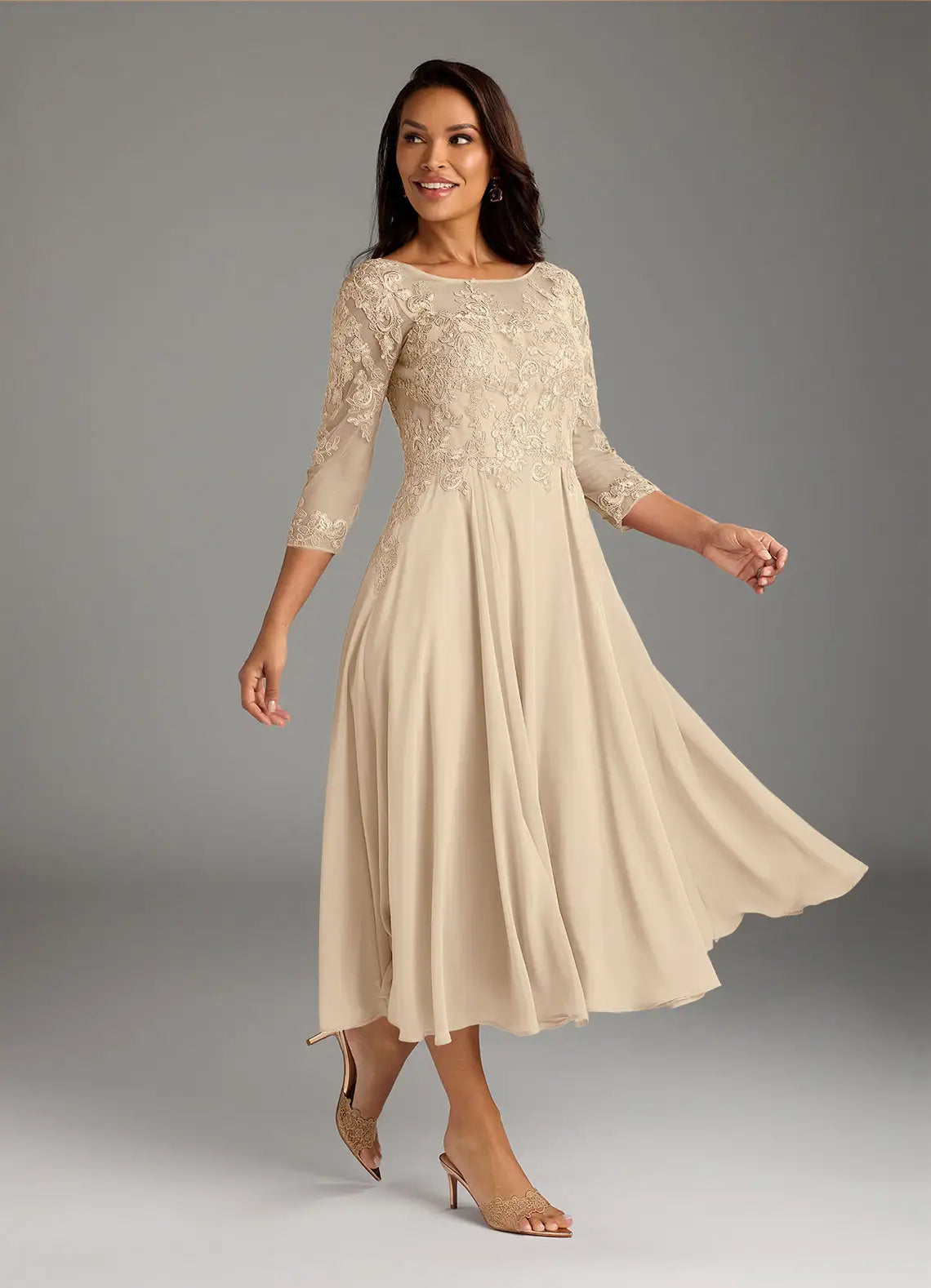 Elegant A-Line Scoop Neck Lace Chiffon Midi Embroidery Mother of the Bride Dress
