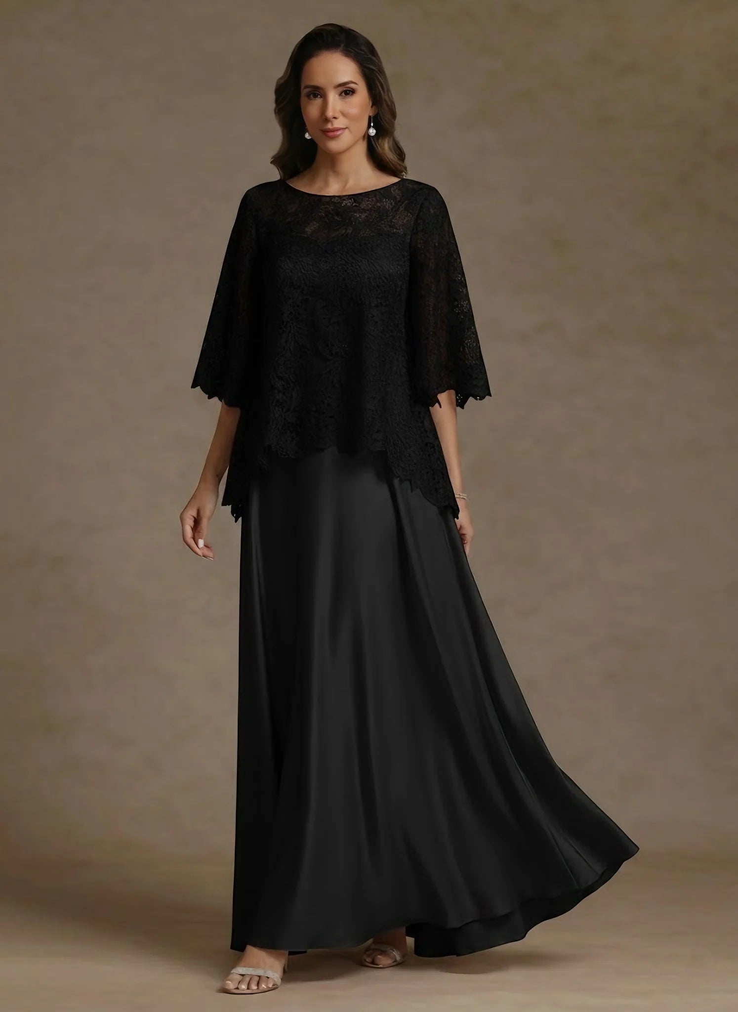 Two Piece A-Line Silk Satin Scoop Lace Floor Length Mother ofthe Bride Dresses