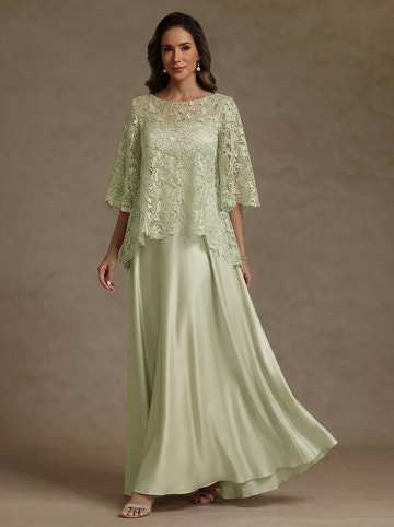Two Piece A-Line Silk Satin Scoop Lace Floor Length Mother ofthe Bride Dresses