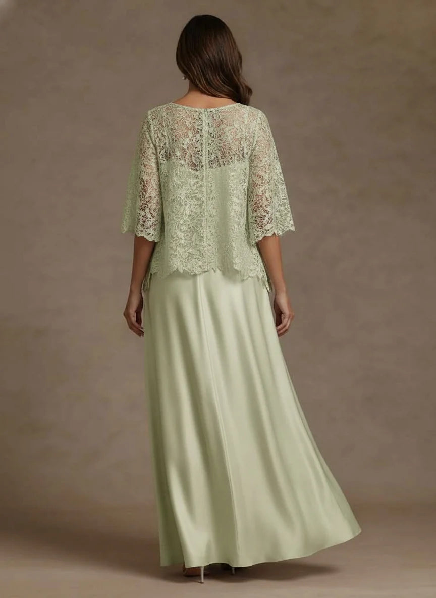 Two Piece A-Line Silk Satin Scoop Lace Floor Length Mother ofthe Bride Dresses