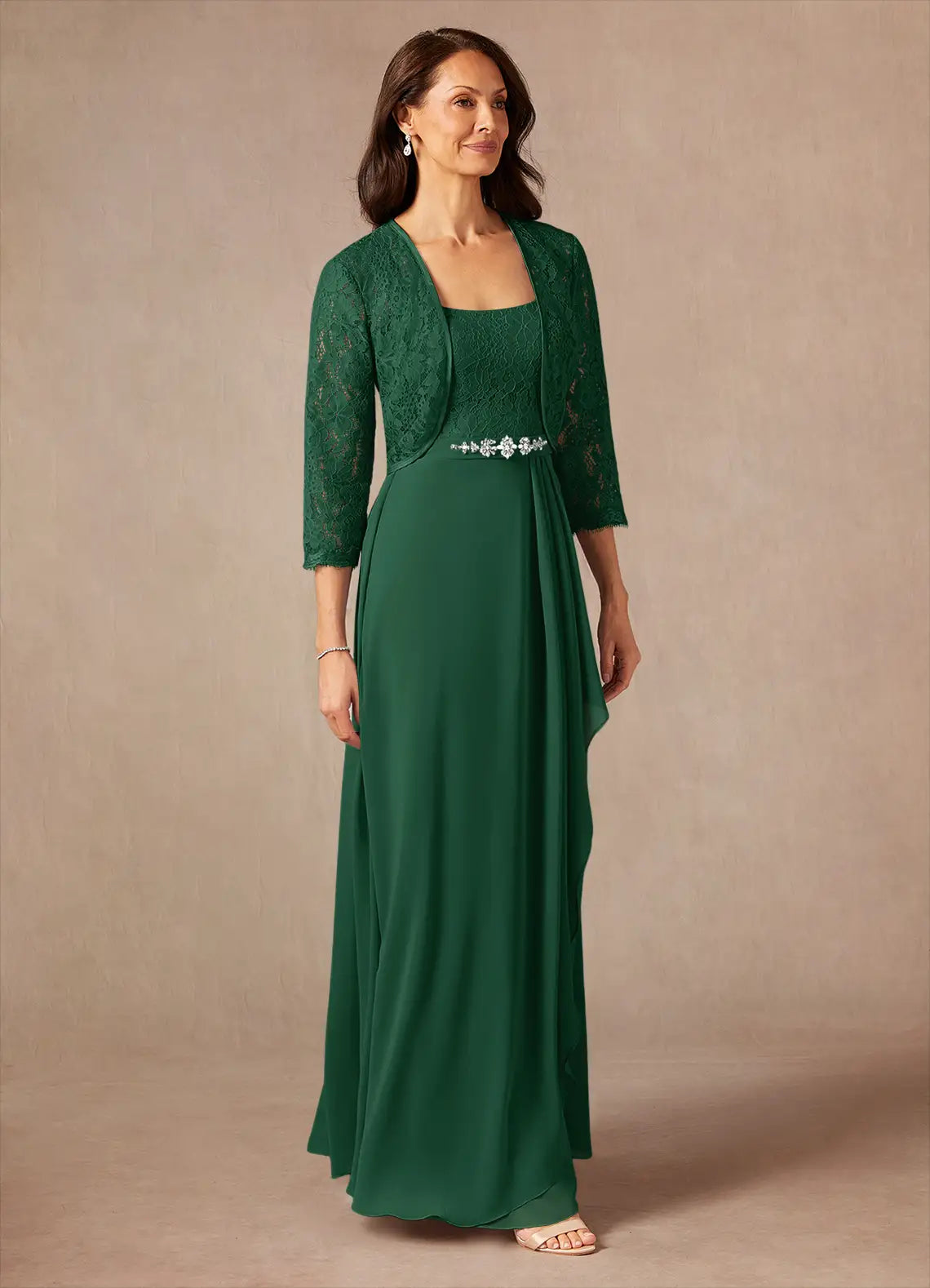 Two Piece Square Neck Chiffon Lace Maxi Formal Dress Mother of the Bride Dress