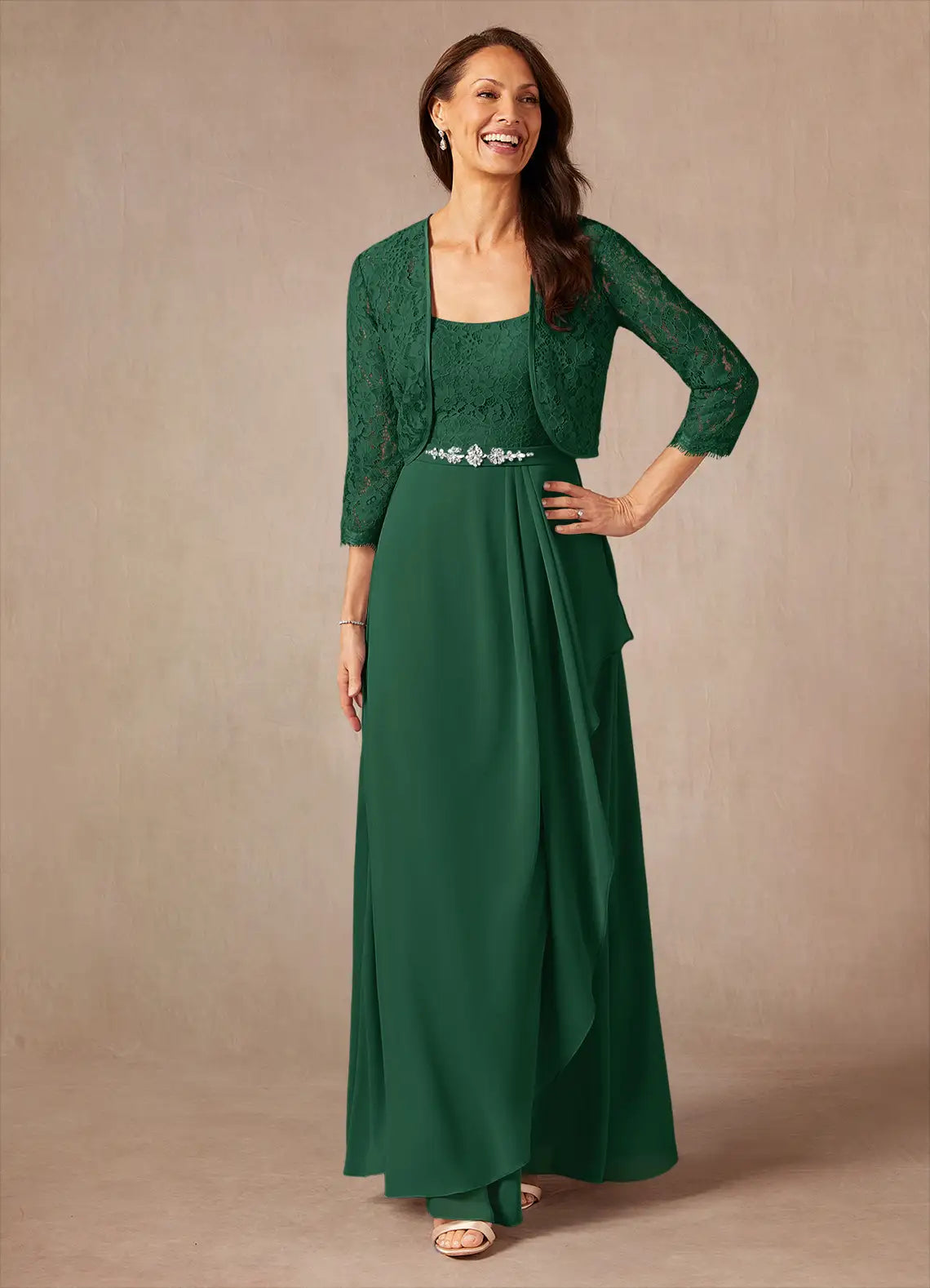 Two Piece Square Neck Chiffon Lace Maxi Formal Dress Mother of the Bride Dress