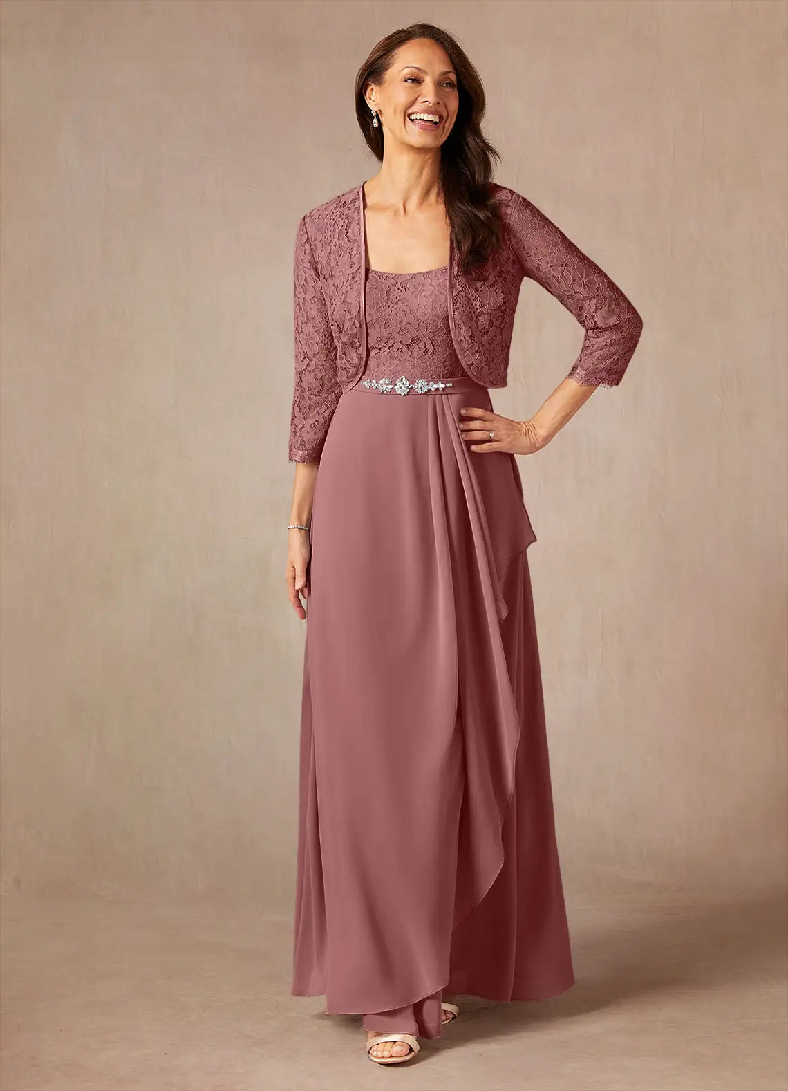 Two Piece Square Neck Chiffon Lace Maxi Formal Dress Mother of the Bride Dress