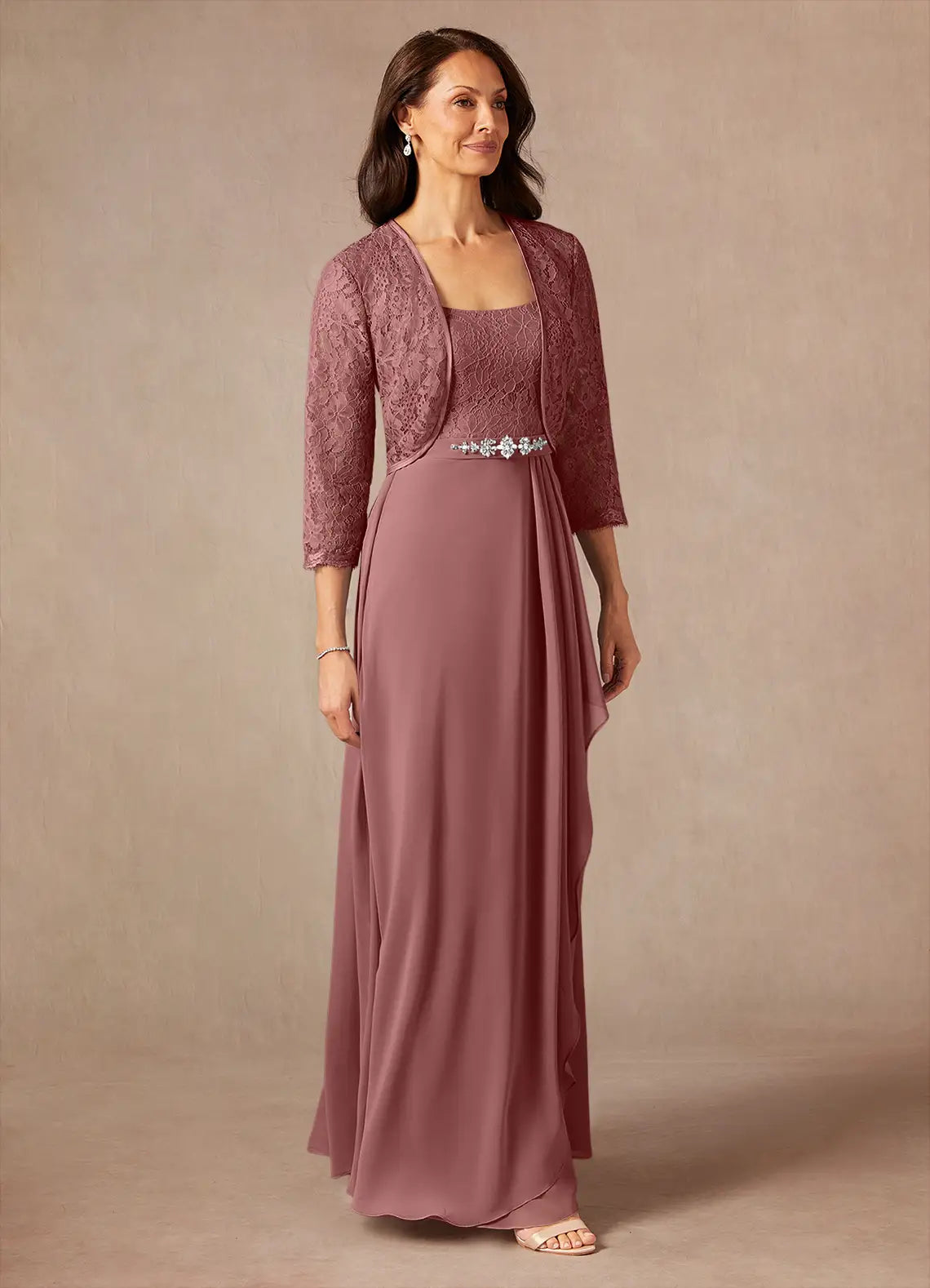 Two Piece Square Neck Chiffon Lace Maxi Formal Dress Mother of the Bride Dress