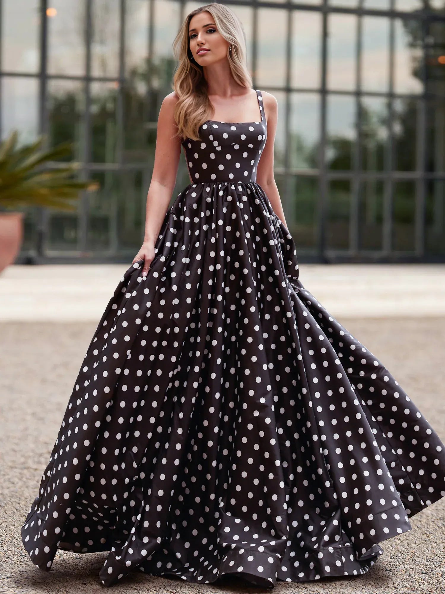 Vestido de noche largo de raso con escote cuadrado, corte en A, estampado de lunares, estilo princesa, para fiesta de graduación