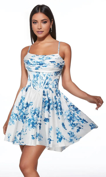 A-Line Square Neck Sleeveless Satin Print Corset Homecoming Dress Mini Cocktail Dress
