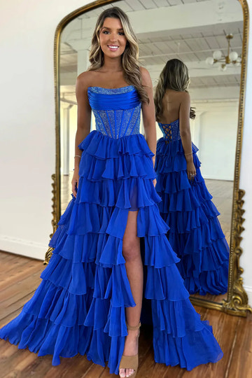 A Line Strapless Tiered Chiffon Corset Ruffle Prom Dresses with Hot Stone