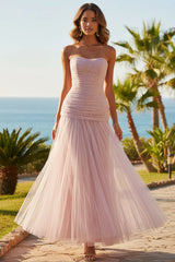 A Line Strapless Neck Tulle Floor Length Prom Dress Ruched Sparkle Maxi Dress