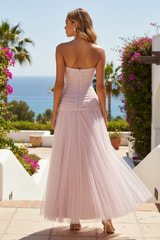 A Line Strapless Neck Tulle Floor Length Prom Dress Ruched Sparkle Maxi Dress