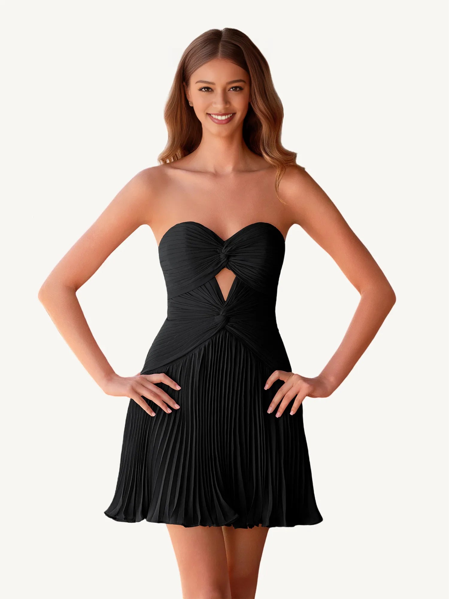 Elegant A Line Strapless Pleated Chiffon Dress Twist Cutout Homecoming Dress