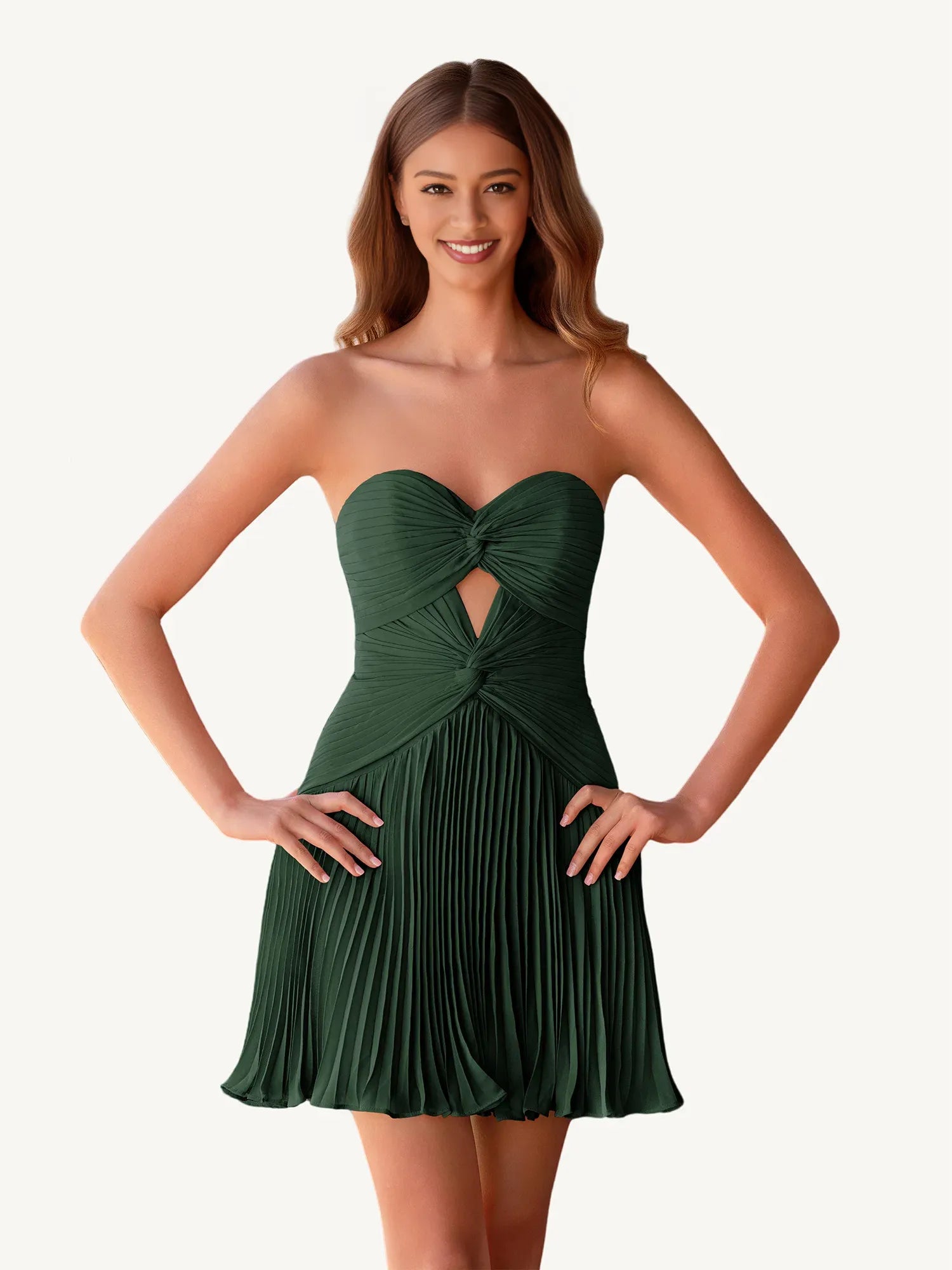 Elegant A Line Strapless Pleated Chiffon Dress Twist Cutout Homecoming Dress