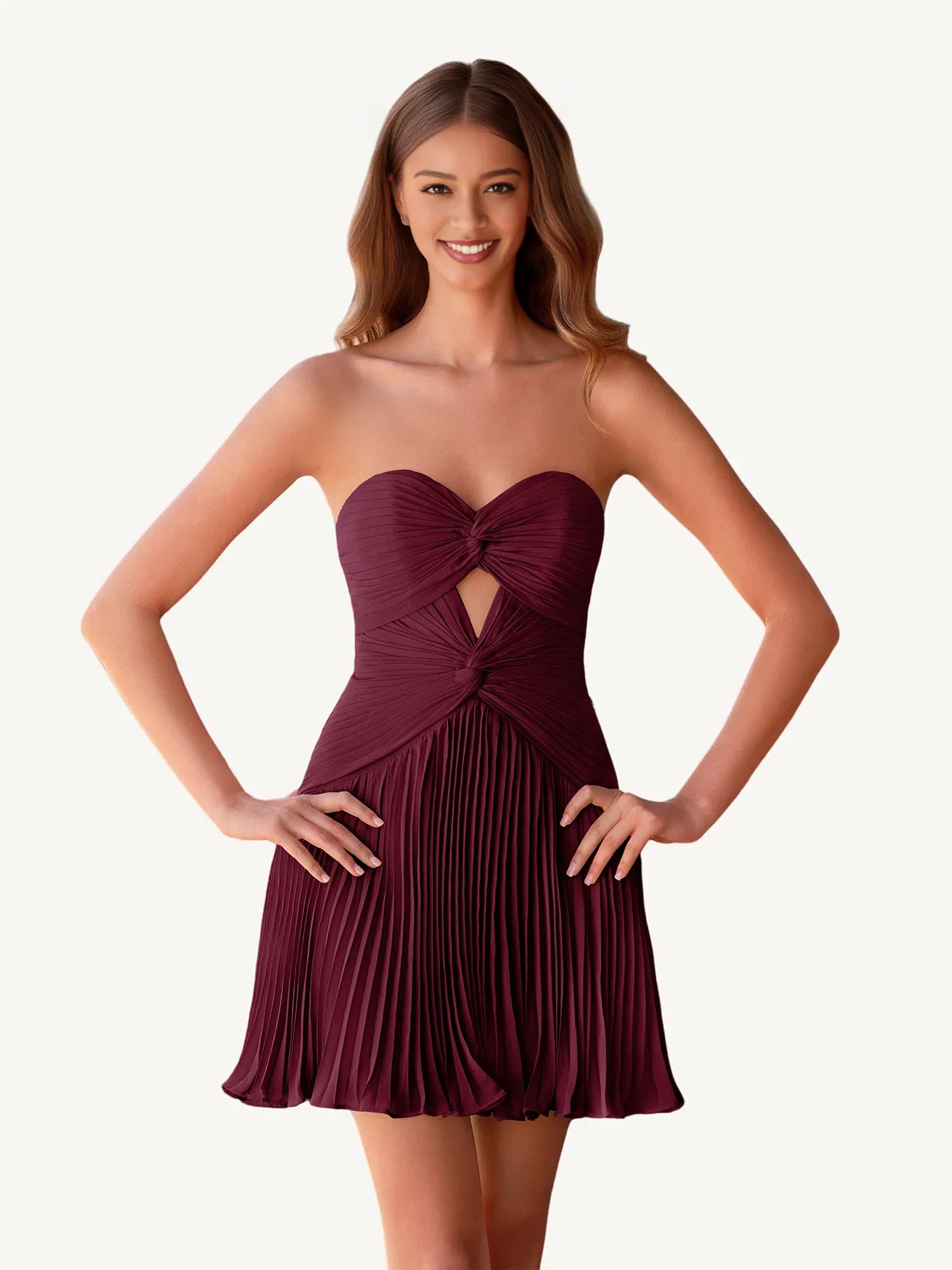 Elegant A Line Strapless Pleated Chiffon Dress Twist Cutout Homecoming Dress