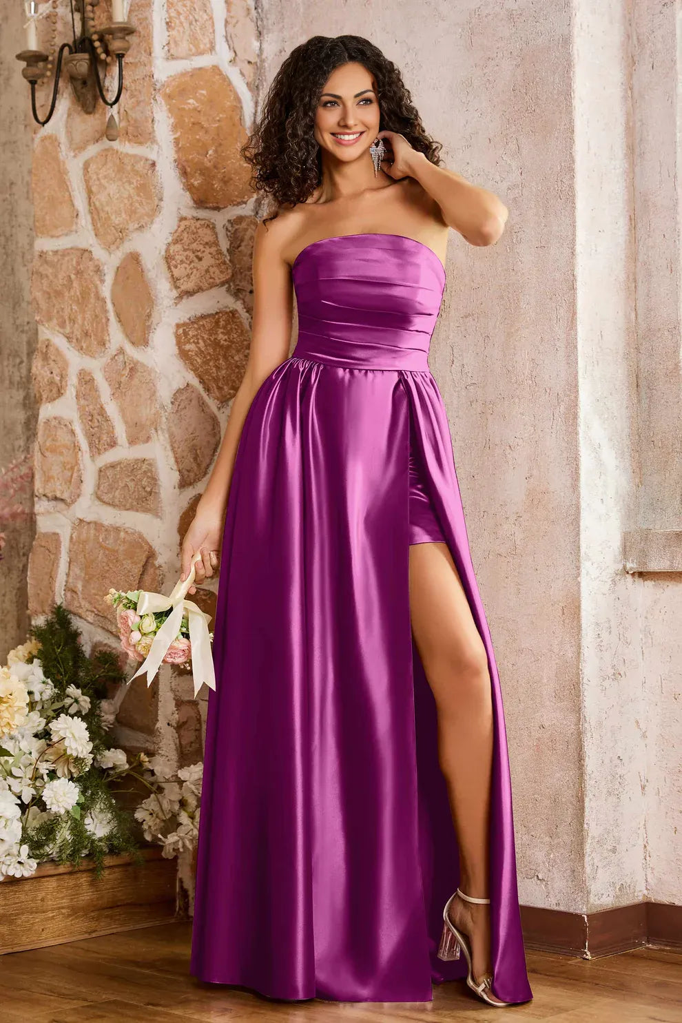 A-Line Strapless Pleated Satin Floor-Length Slit Bridesmaids Dress