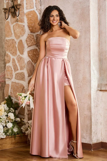 A-Line Strapless Pleated Satin Floor-Length Slit Bridesmaids Dress