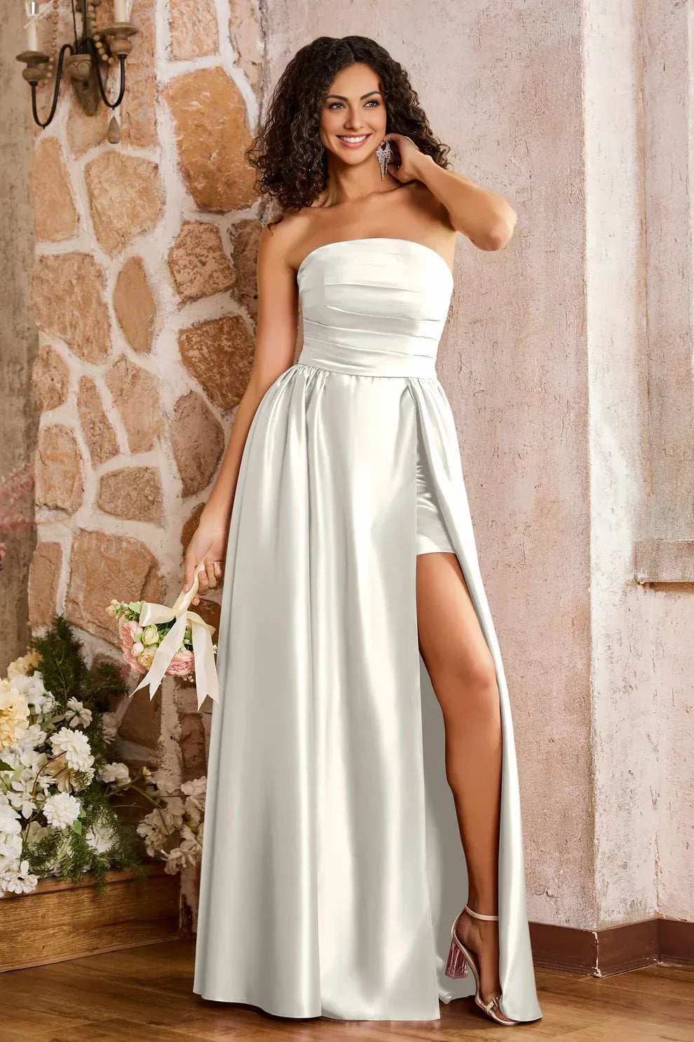 A-Line Strapless Pleated Satin Floor-Length Slit Bridesmaids Dress