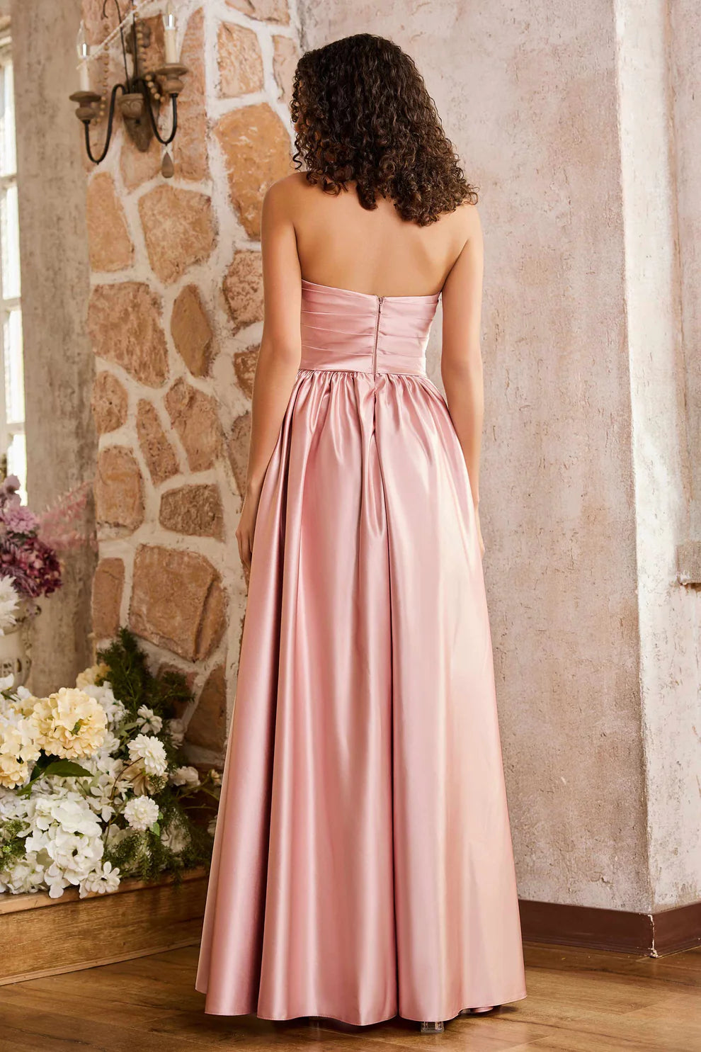 A-Line Strapless Pleated Satin Floor-Length Slit Bridesmaids Dress