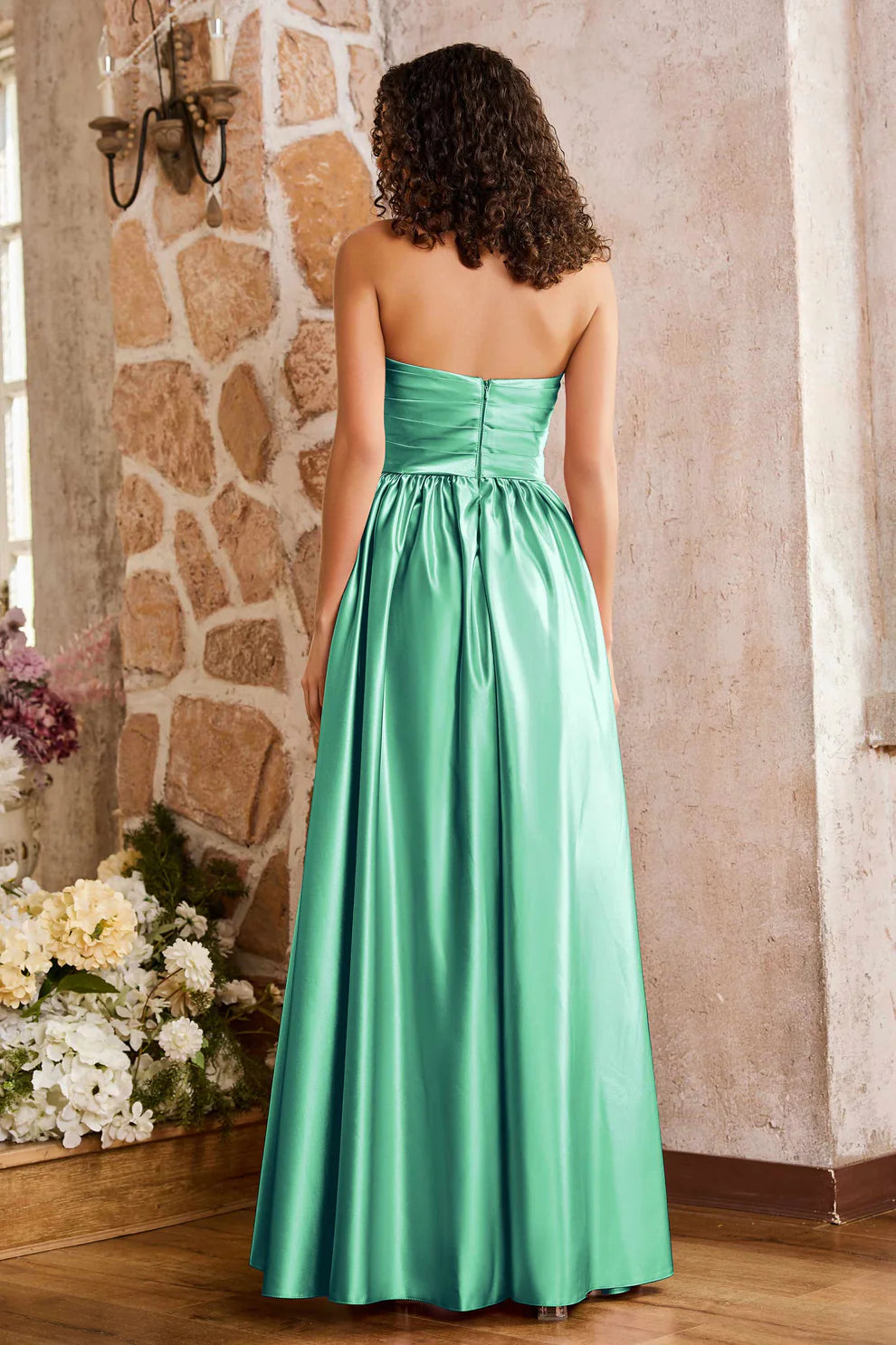 A-Line Strapless Pleated Satin Floor-Length Slit Bridesmaids Dress