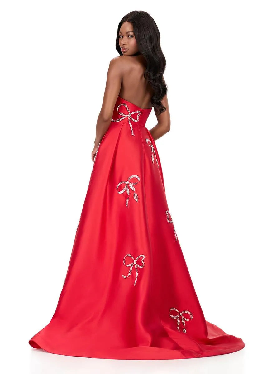 Elegante Vestido de Fiesta Largo con Abalorios y Lazo de Satén sin Tirantes Corte Princesa con Falda Acampanada