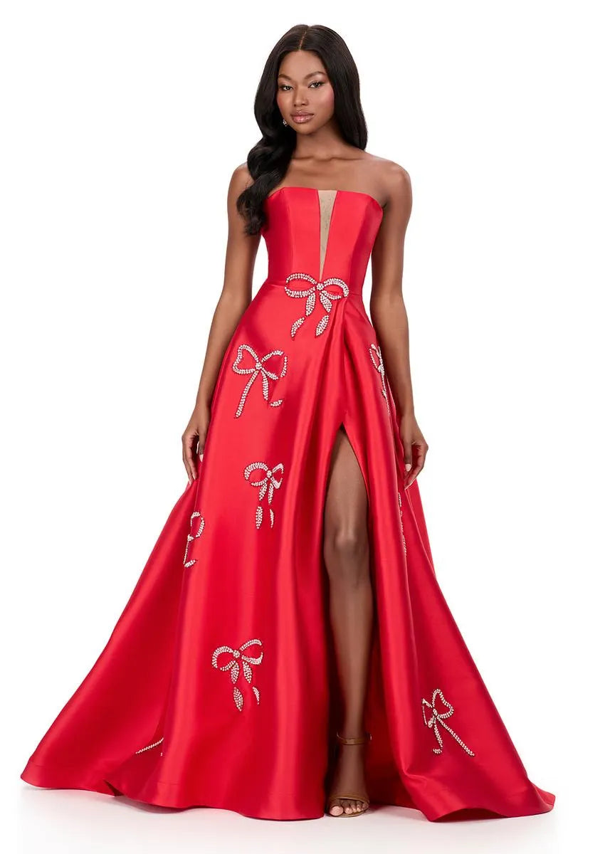 Elegante Vestido de Fiesta Largo con Abalorios y Lazo de Satén sin Tirantes Corte Princesa con Falda Acampanada
