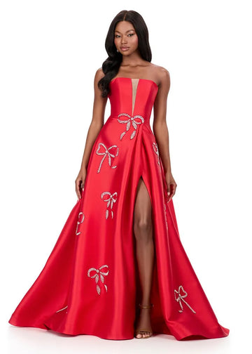 Elegant A-line Princess Strapless Satin Ball Gown Long Beaded Bow Prom Dress