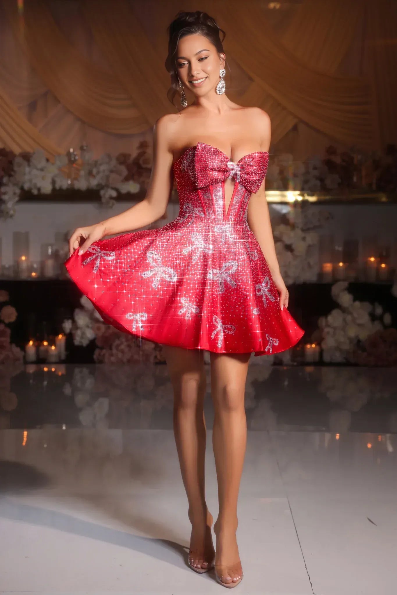Sparkly A Line Strapless Satin Short Bow Rhinestone Homecoming Dress