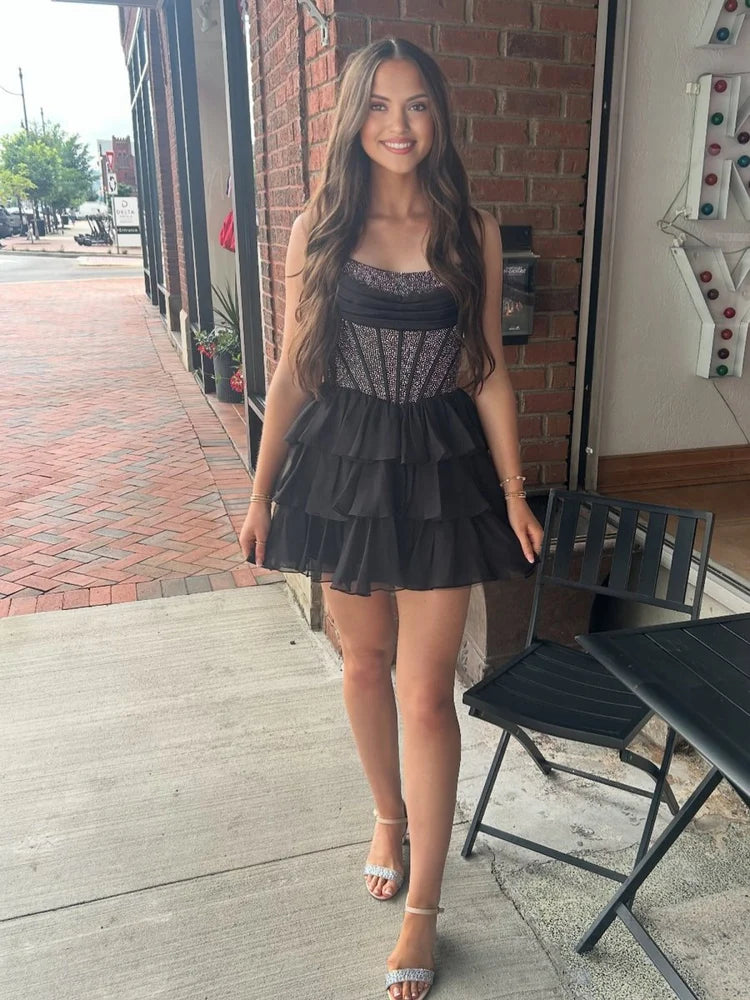 Glamorous A Line Strapless Satin Short Lace Up Ruffle Corset Homecoming Dress