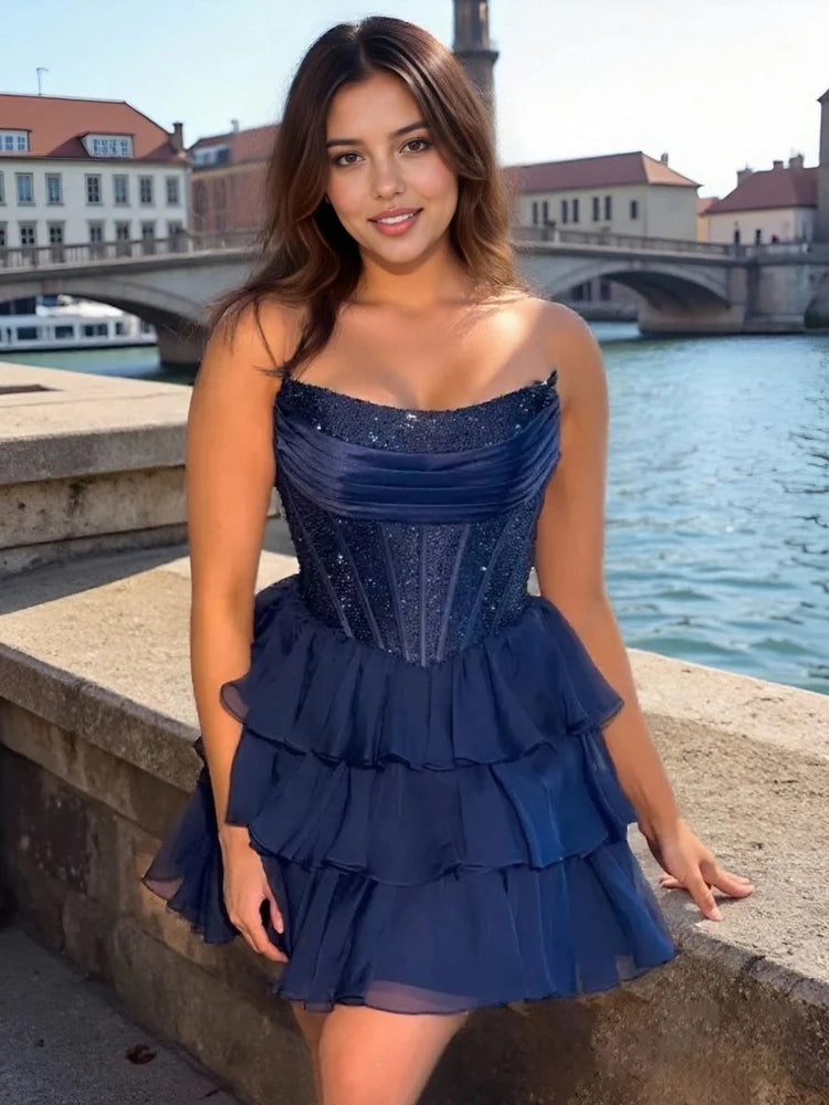 Glamorous A Line Strapless Satin Short Lace Up Ruffle Corset Homecoming Dress