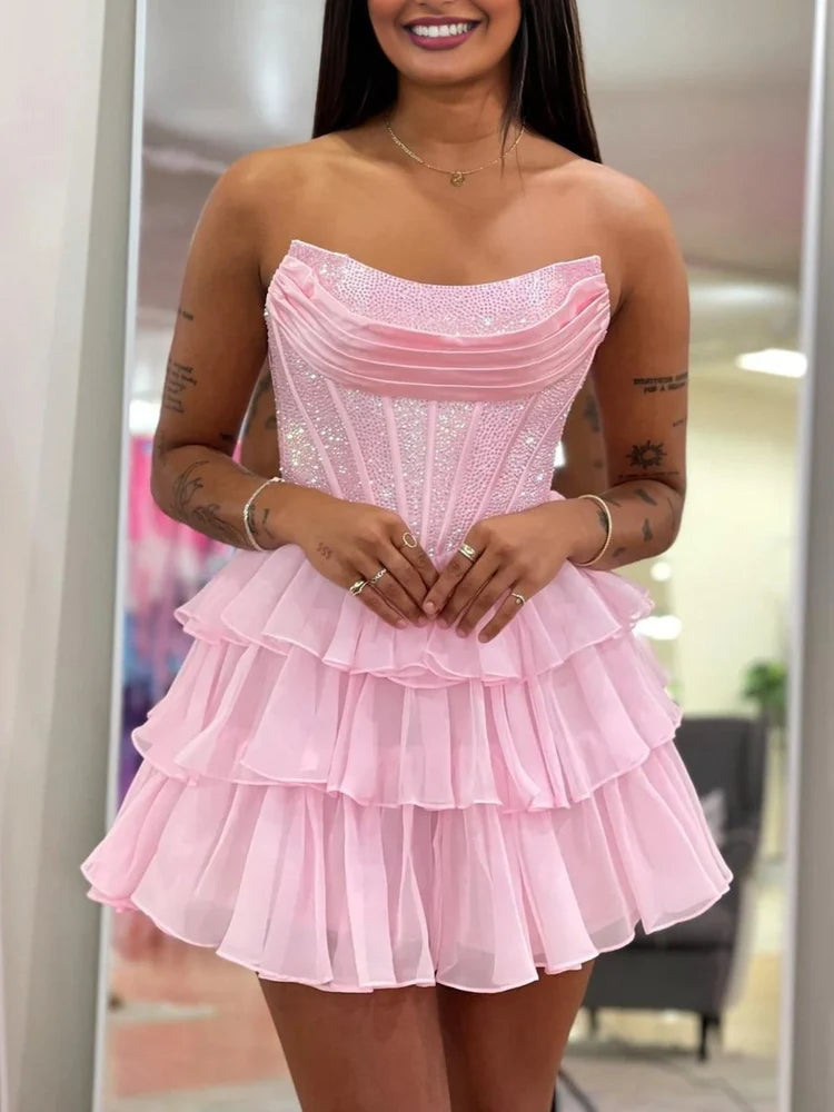 Glamorous A Line Strapless Satin Short Lace Up Ruffle Corset Homecoming Dress