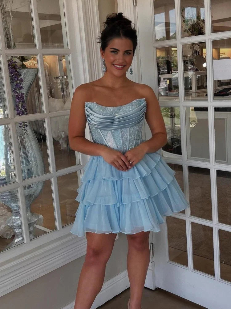 Glamorous A Line Strapless Satin Short Lace Up Ruffle Corset Homecoming Dress
