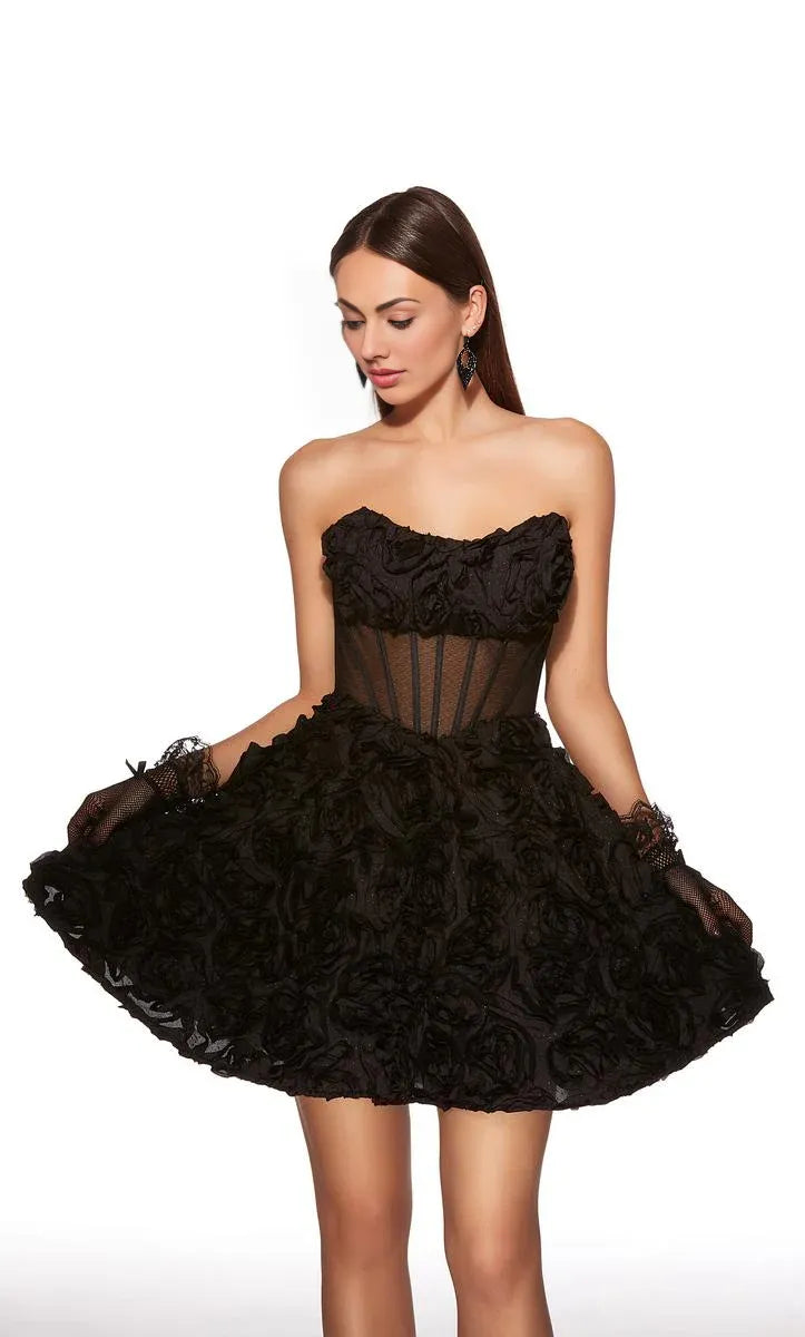A-Line Strapless Sleeveless Mesh Organza Homecoming Dress3D-Floral Mini Cocktail Dress
