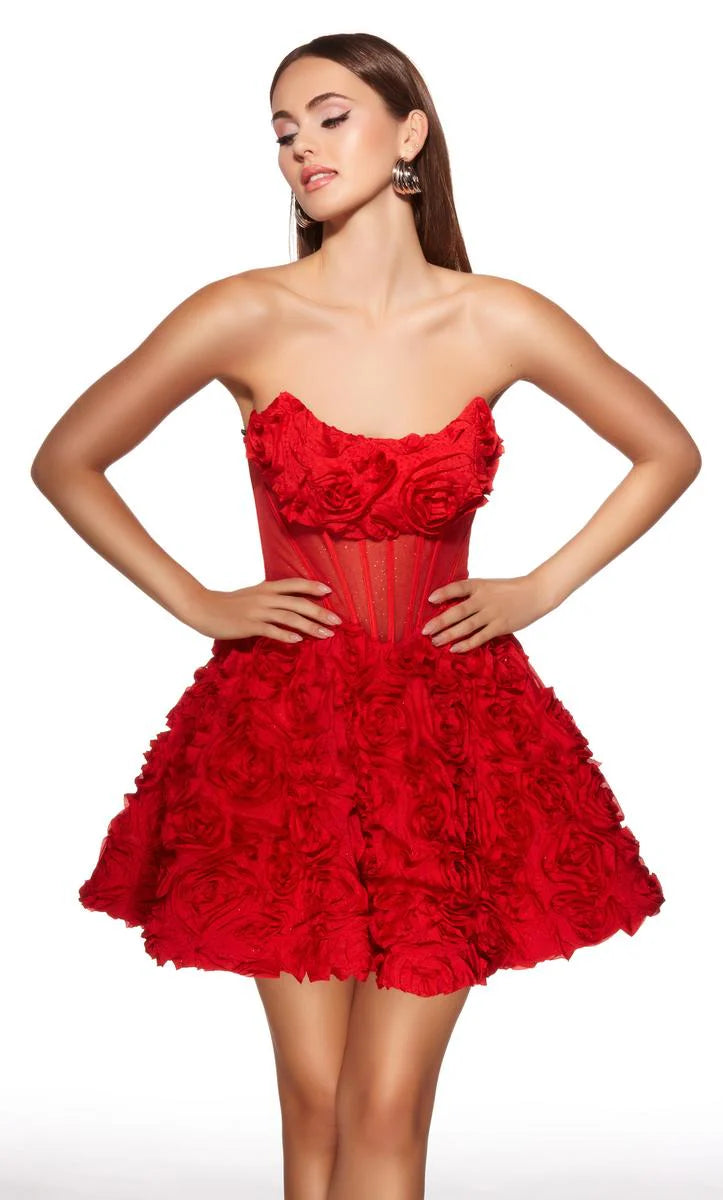 A-Line Strapless Sleeveless Mesh Organza Homecoming Dress3D-Floral Mini Cocktail Dress