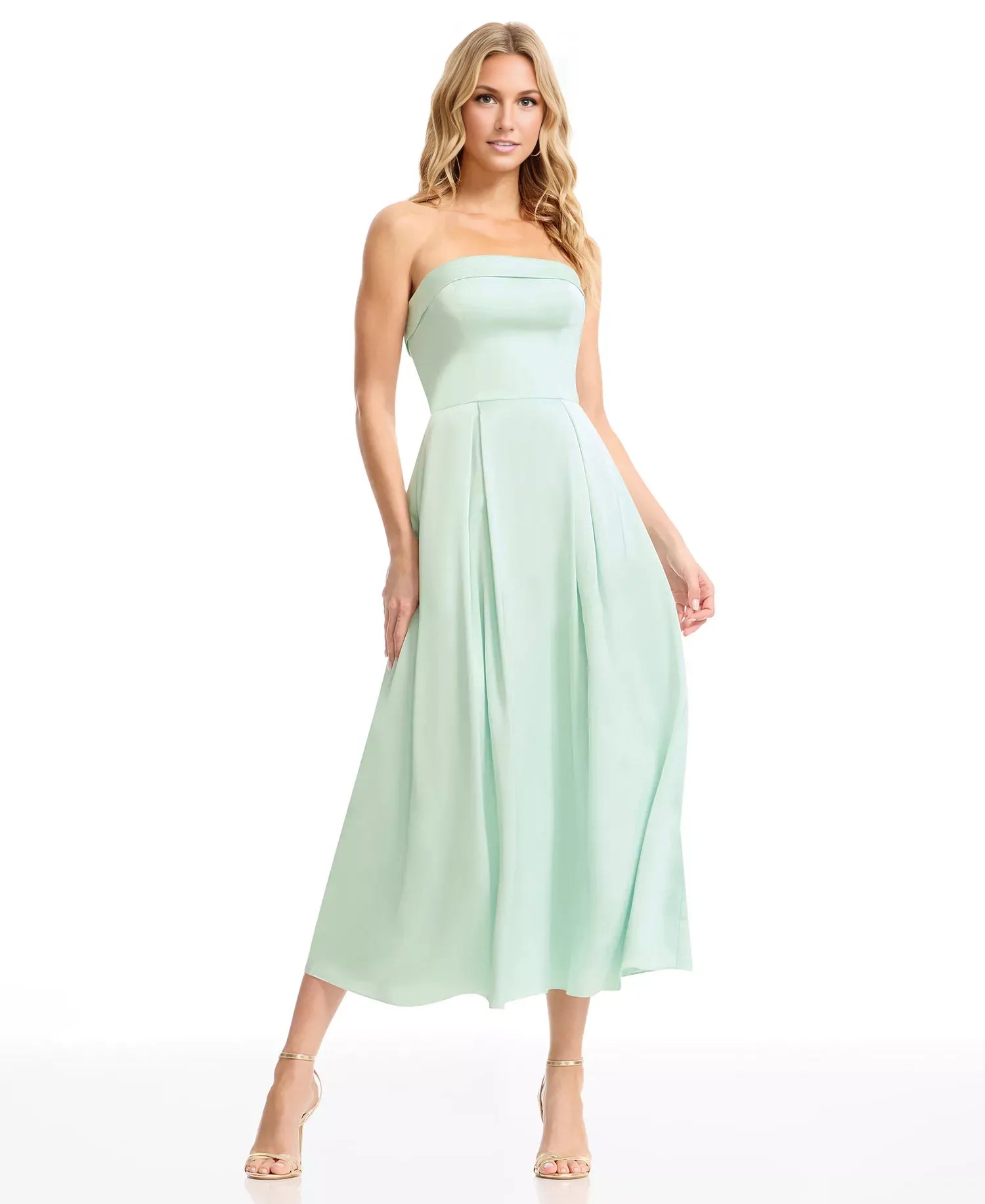 A-Line Strapless Sleeveless Satin Wedding Guest Dress Midi Cocktail Dress With Pockets