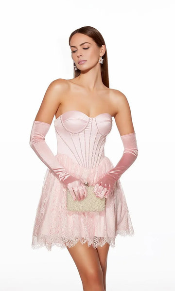 A-Line Strapless Sweetheart Satin Lace Corset Beaded Mini Cocktail Dress