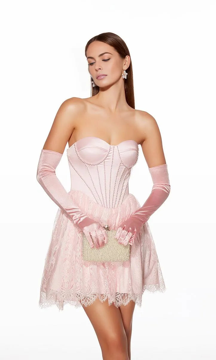 A-Line Strapless Sweetheart Satin Lace Corset Beaded Mini Cocktail Dress