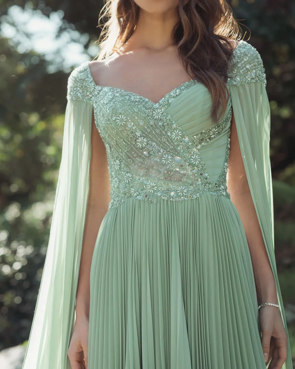 Elegant A Line Sweetheart Neck Beaded Chiffon Long Pleated Cape Sleeve Evening Gown