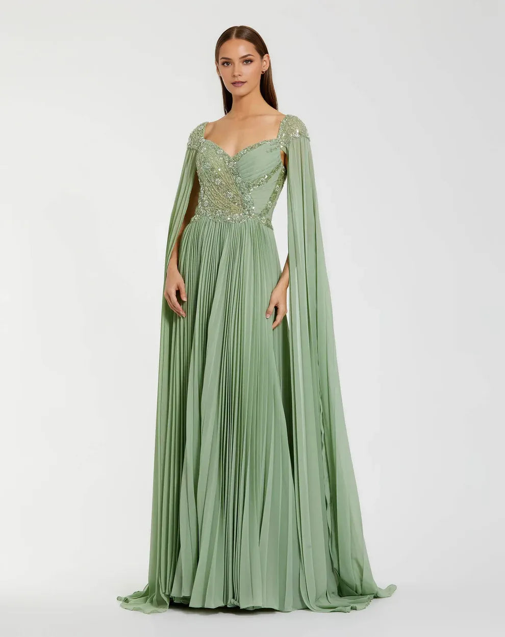 Elegant A Line Sweetheart Neck Beaded Chiffon Long Pleated Cape Sleeve Evening Gown