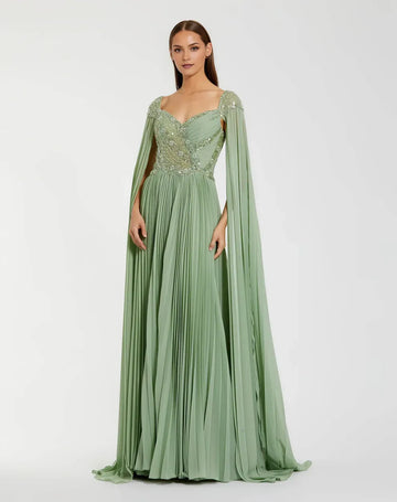 Elegant A Line Sweetheart Neck Beaded Chiffon Long Pleated Cape Sleeve Evening Gown