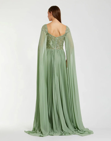 Elegant A Line Sweetheart Neck Beaded Chiffon Long Pleated Cape Sleeve Evening Gown