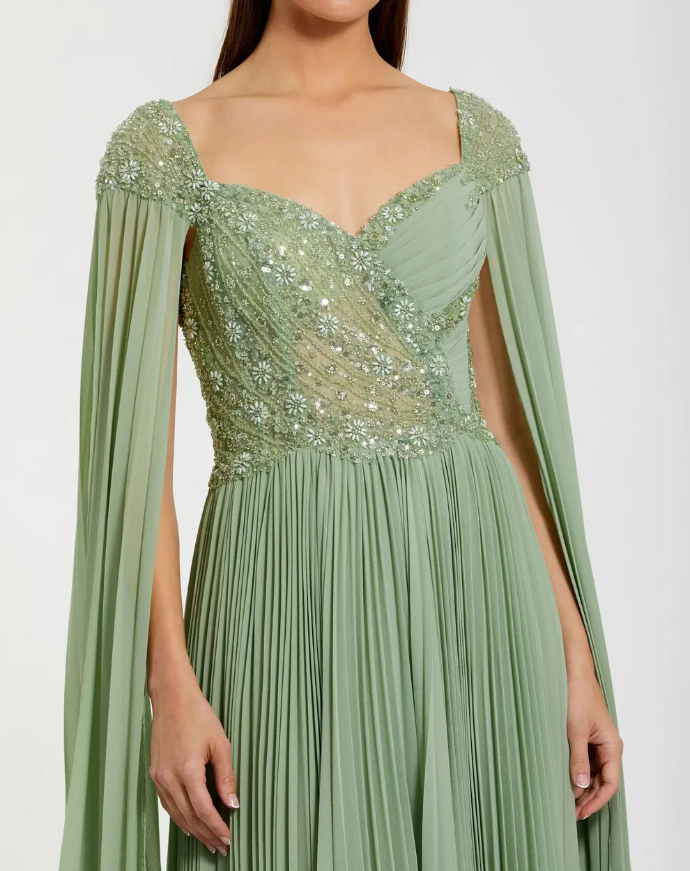 Elegant A Line Sweetheart Neck Beaded Chiffon Long Pleated Cape Sleeve Evening Gown