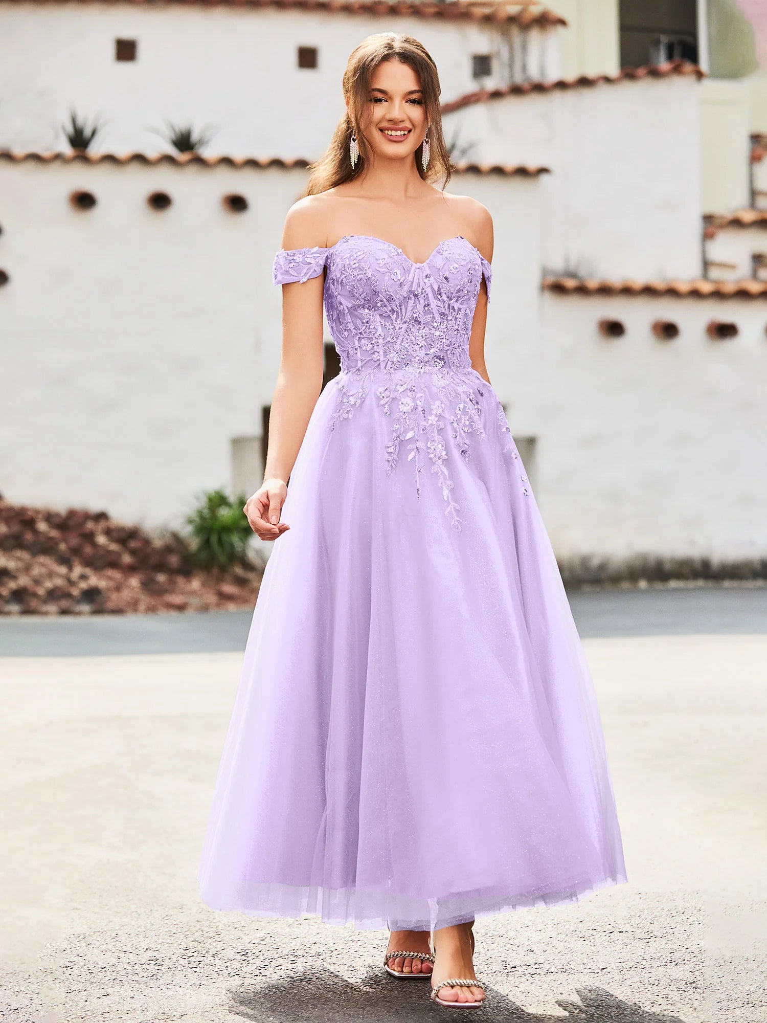 A-Line Sweetheart Off-the-Shoulder Short Sleeve Tulle Lace Applique Tea-Length Formal Prom Dress