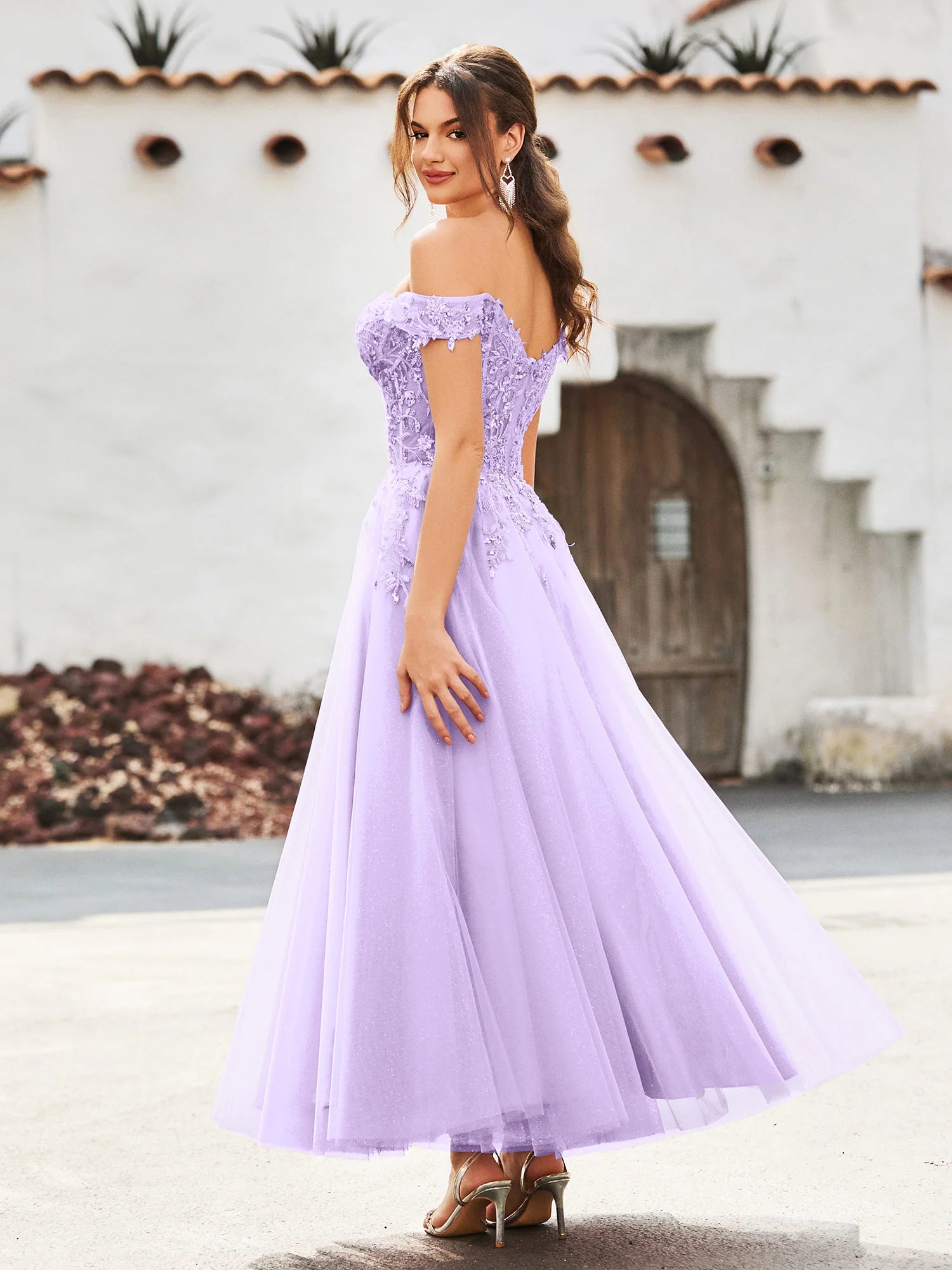 A-Line Sweetheart Off-the-Shoulder Short Sleeve Tulle Lace Applique Tea-Length Formal Prom Dress
