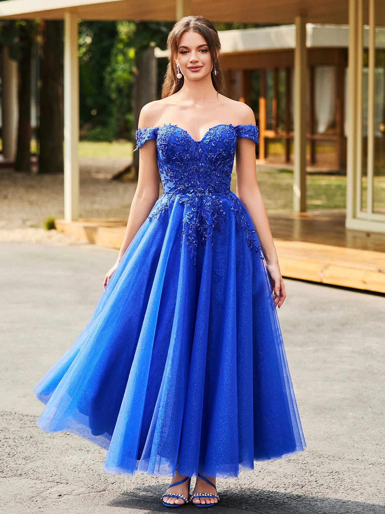 A-Line Sweetheart Off-the-Shoulder Short Sleeve Tulle Lace Applique Tea-Length Formal Prom Dress