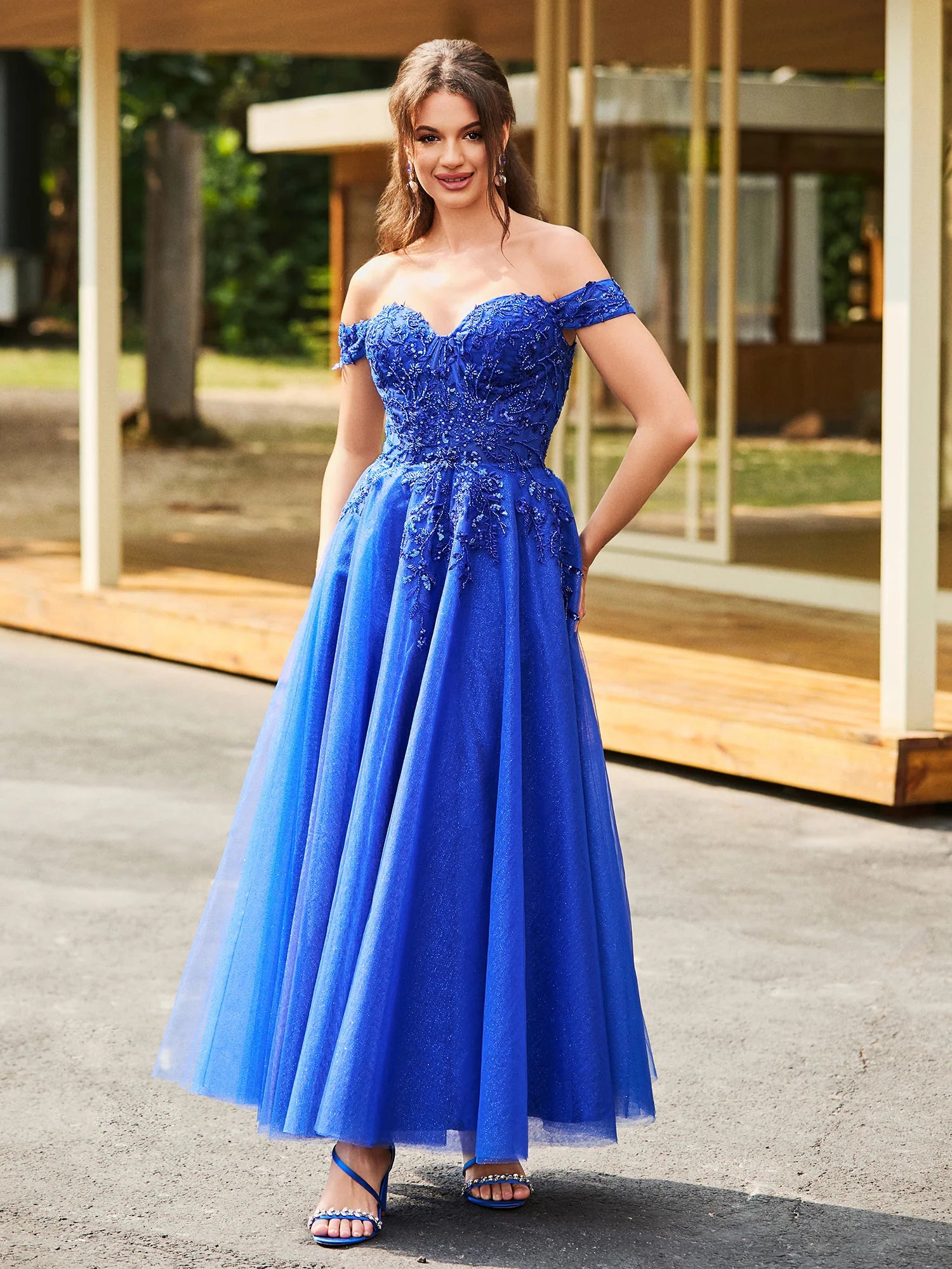 A-Line Sweetheart Off-the-Shoulder Short Sleeve Tulle Lace Applique Tea-Length Formal Prom Dress