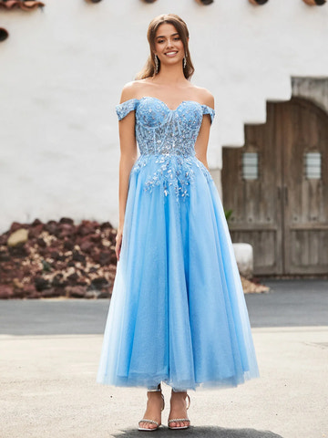 A-Line Sweetheart Off-the-Shoulder Short Sleeve Tulle Lace Applique Tea-Length Formal Prom Dress