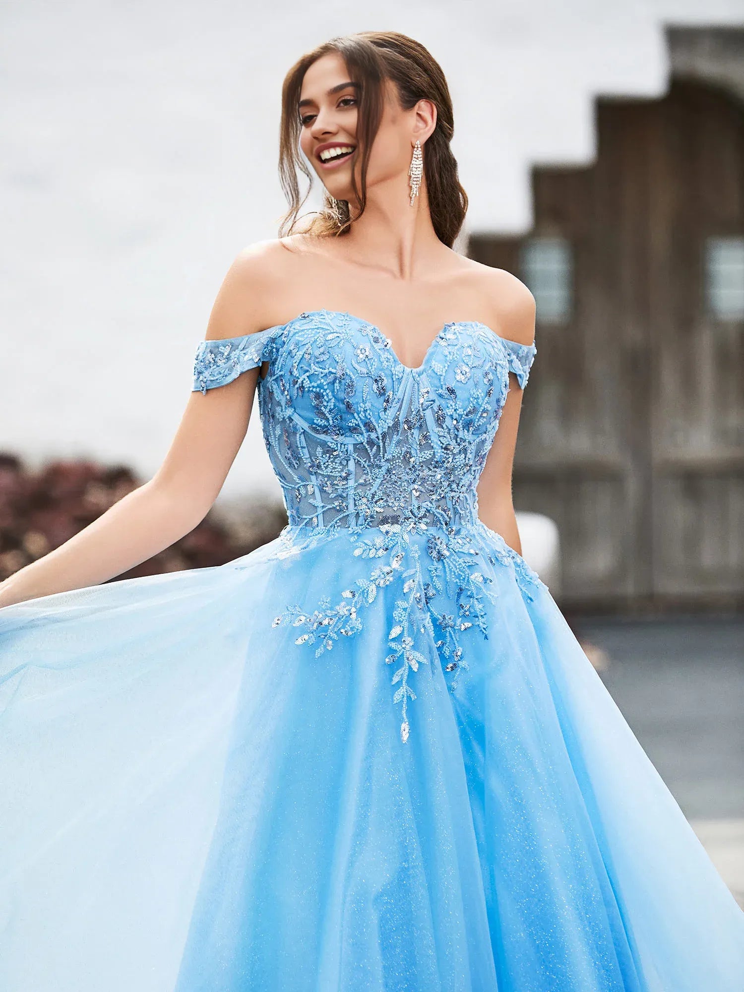 A-Line Sweetheart Off-the-Shoulder Short Sleeve Tulle Lace Applique Tea-Length Formal Prom Dress
