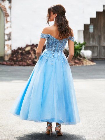 A-Line Sweetheart Off-the-Shoulder Short Sleeve Tulle Lace Applique Tea-Length Formal Prom Dress